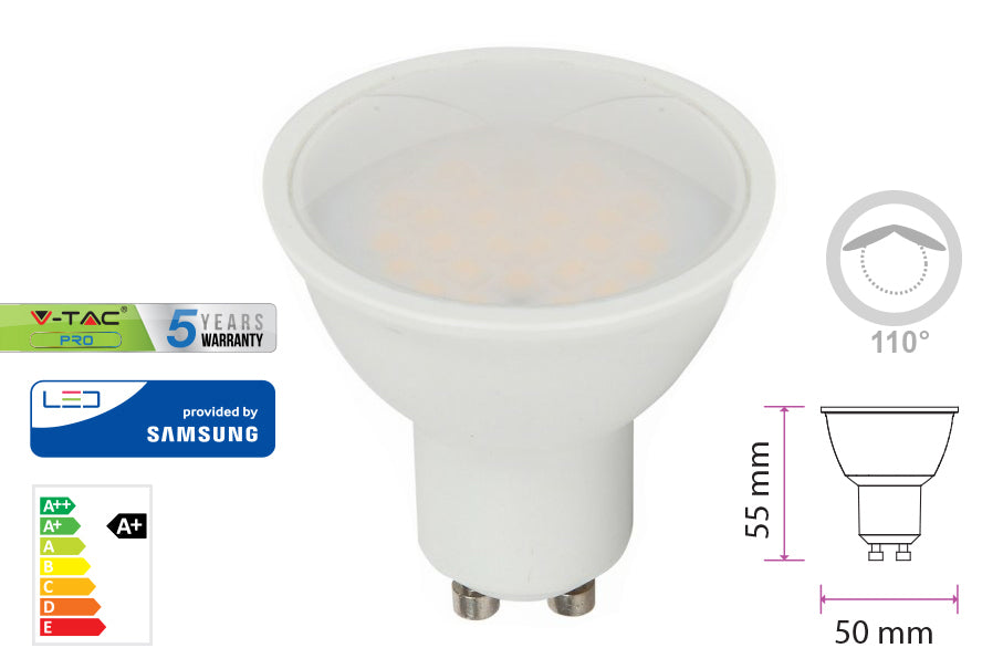 Lampada Led GU10 5W 220V 110 Gradi Bianco Caldo 3000K Diffusore Opale Chip Smd Samsung Garanzia 5 Anni SKU-201